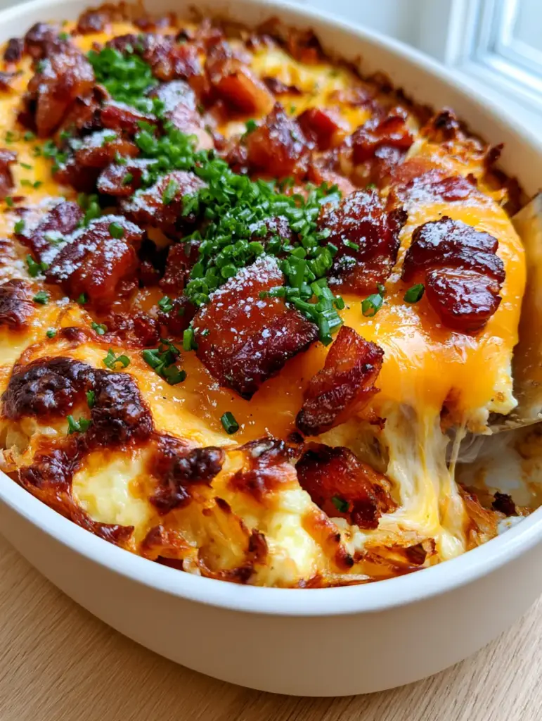 Detailed close-up of the crispy thick-cut bacon crumbles and white ranch seasoning on top of baked eggs.