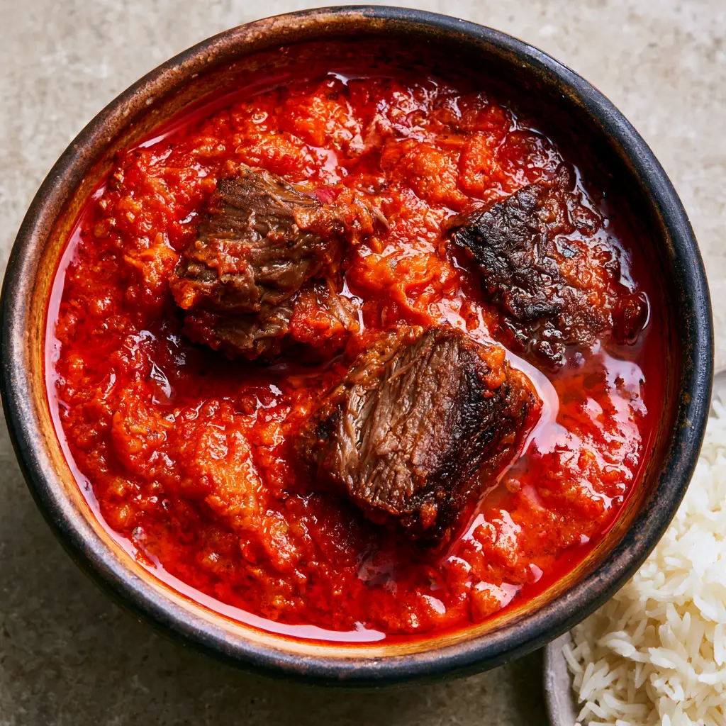Nigerian beef stew: The Ultimate Authentic Buka Stew Guide 2 Close-up of succulent slow-cooked beef chunks in a thick red Nigerian beef stew sauce.