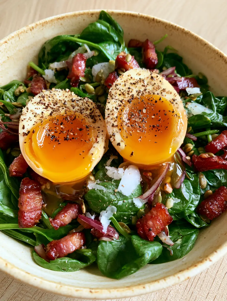 Spinach Salad with Eggs: The Ultimate Bistro-Style Warm Bacon Salad 3 Extreme close-up of a vibrant spinach salad with eggs, showing the glossy dressing and runny orange yolks. (spinach salad with eggs)
