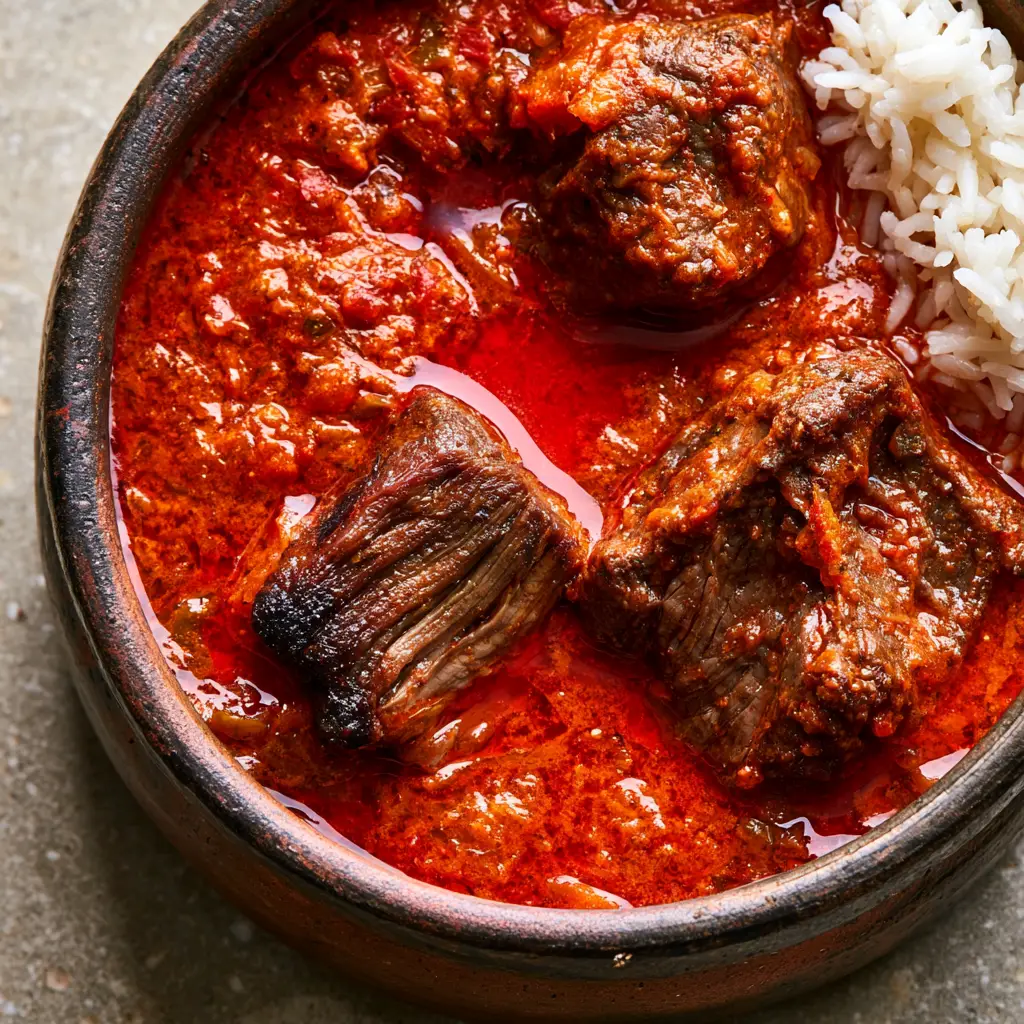 Nigerian beef stew: The Ultimate Authentic Buka Stew Guide 1 High-angle shot of Nigerian beef stew showing the shimmering oil and textured pepper base.