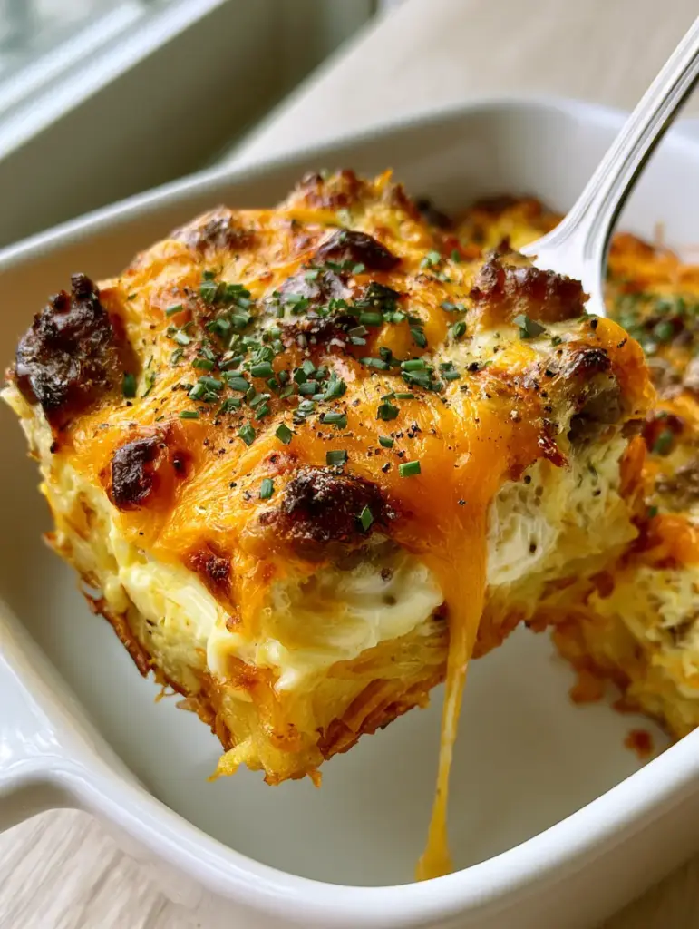 Sausage Egg and Cream Cheese Hashbrown Casserole Recipe 2 Close-up of a sausage egg and cream cheese hashbrown casserole with golden cheddar and green chives.