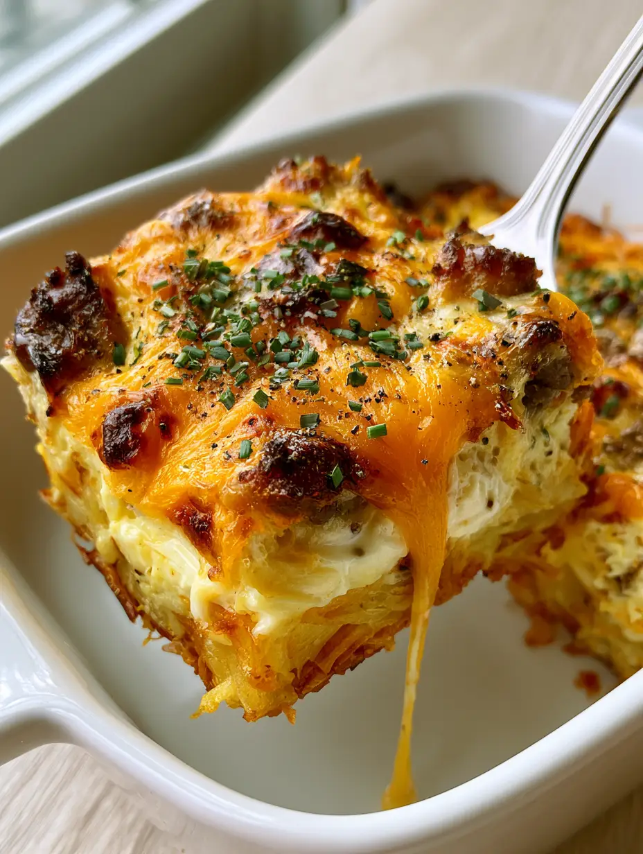 Sausage Egg and Cream Cheese Hashbrown Casserole Recipe 4 Close-up of a sausage egg and cream cheese hashbrown casserole with golden cheddar and green chives.
