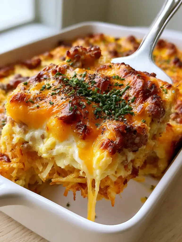 Sausage Egg and Cream Cheese Hashbrown Casserole Recipe 1 A square slice of breakfast casserole showing the layers of crispy hashbrowns and creamy egg.