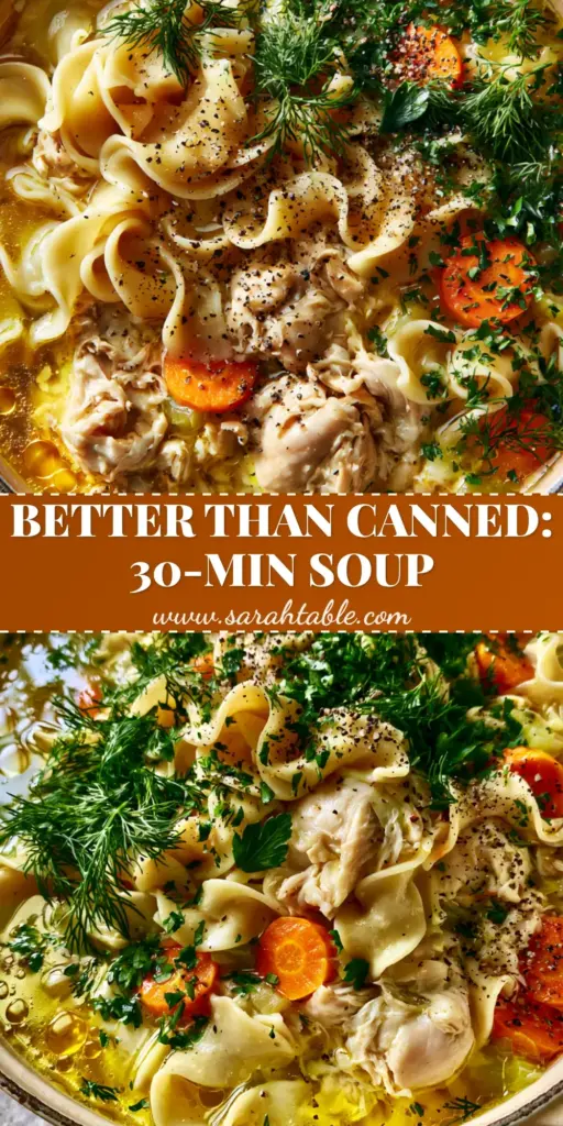 Fresh Herb Chicken Noodle Soup with Wide Egg Noodles 4 A top-down view of Fresh Herb Chicken Noodle Soup in a Dutch oven with golden broth, wavy noodles, and heavy dill garnish.