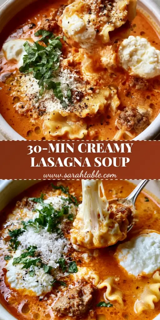 Lasagna Soup with Sausage and Creamy Ricotta Dollops 4 A vertical shot of Lasagna Soup in a white bowl featuring wavy noodles, a dramatic mozzarella cheese pull, and dollops of ricotta cheese garnished with fresh basil.