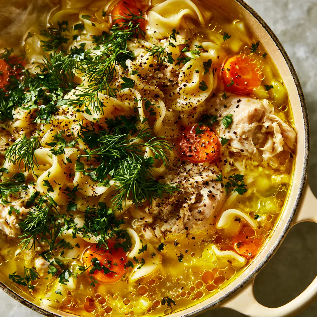 Fresh Herb Chicken Noodle Soup with Wide Egg Noodles 2 Extreme close-up of shimmering golden chicken broth with wavy egg noodles and pulled chicken chunks. (Fresh Herb Chicken Noodle Soup)