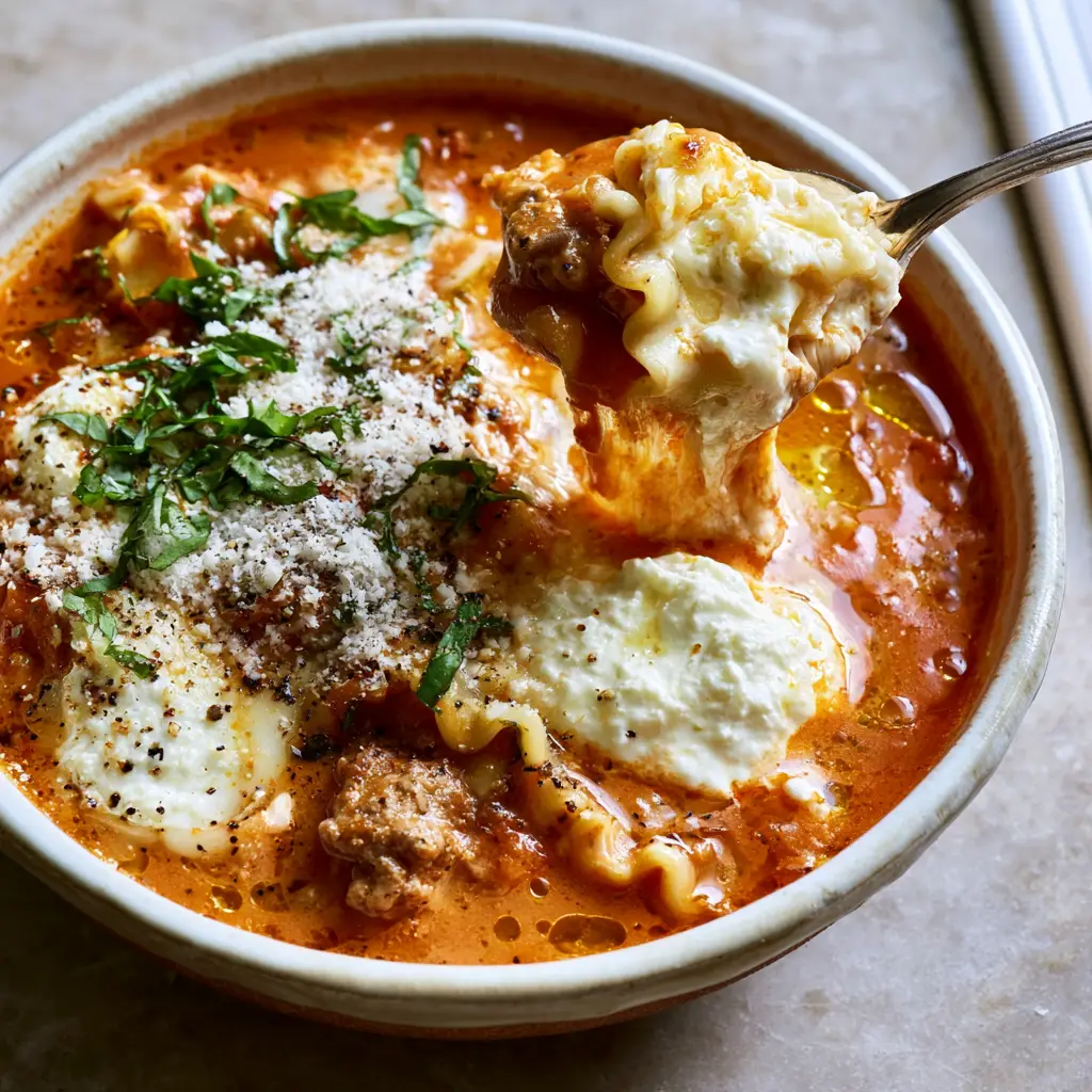 Lasagna Soup with Sausage and Creamy Ricotta Dollops 2 Close up of Lasagna Soup in a white ceramic bowl showing crumbled browned Italian sausage and a velvety tomato broth with olive oil droplets.