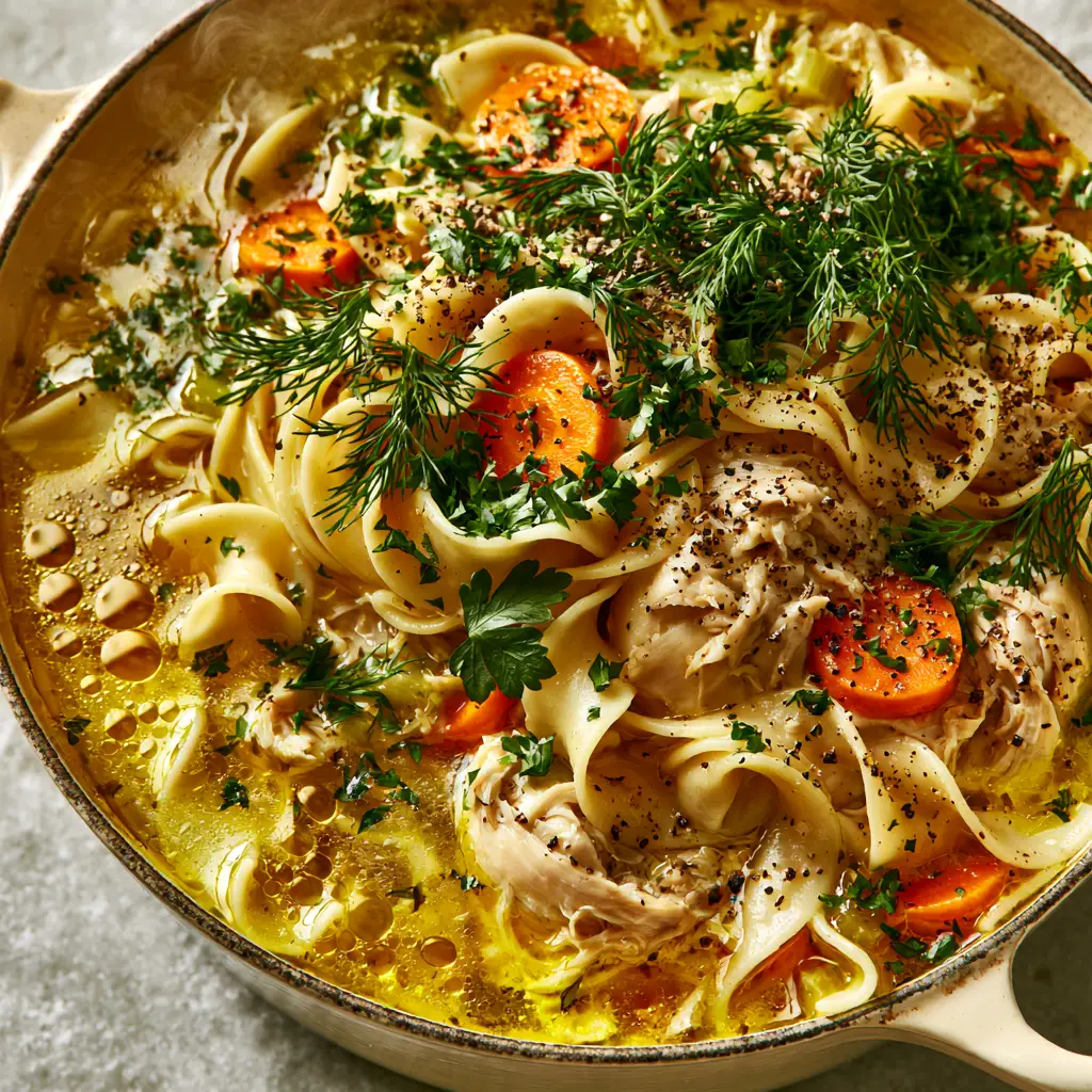 Fresh Herb Chicken Noodle Soup with Wide Egg Noodles 1 A forest of fresh green dill and Italian parsley garnishing a rustic bowl of Fresh Herb Chicken Noodle Soup.