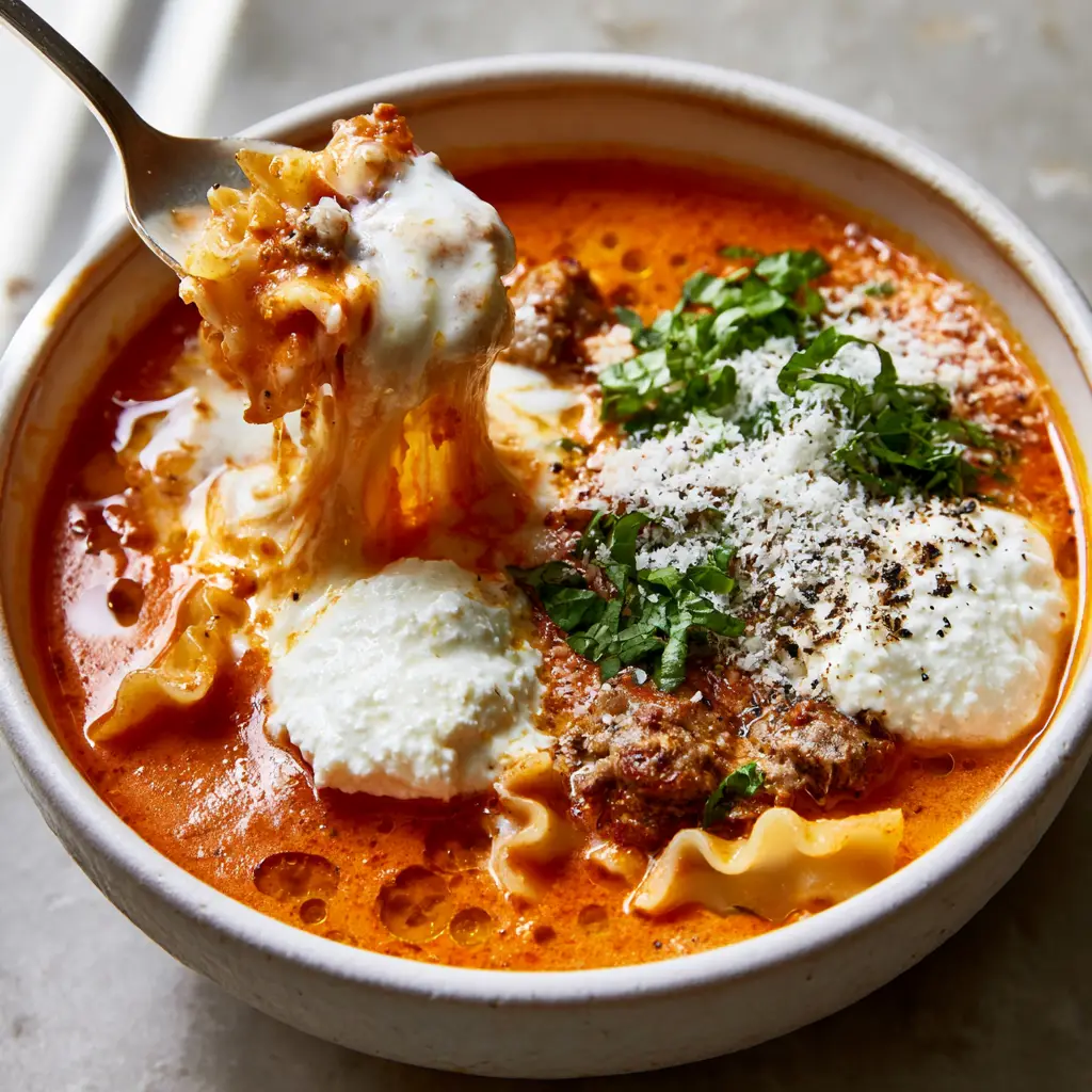Lasagna Soup with Sausage and Creamy Ricotta Dollops 1 A rustic bowl of Lasagna Soup garnished with snowy white ricotta, parmesan cheese, and fresh torn basil leaves.