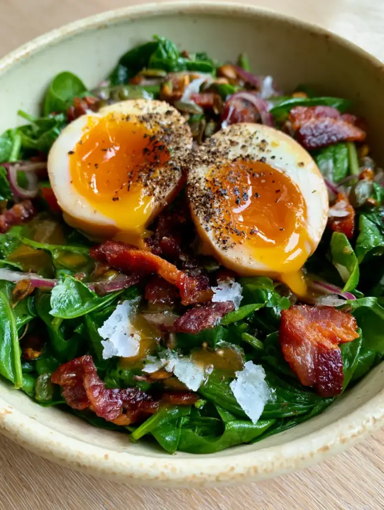 Spinach Salad with Eggs: The Ultimate Bistro-Style Warm Bacon Salad 1 Top-down view of mahogany bacon lardons and soft-boiled eggs on a bed of fresh baby spinach. (spinach salad with eggs)