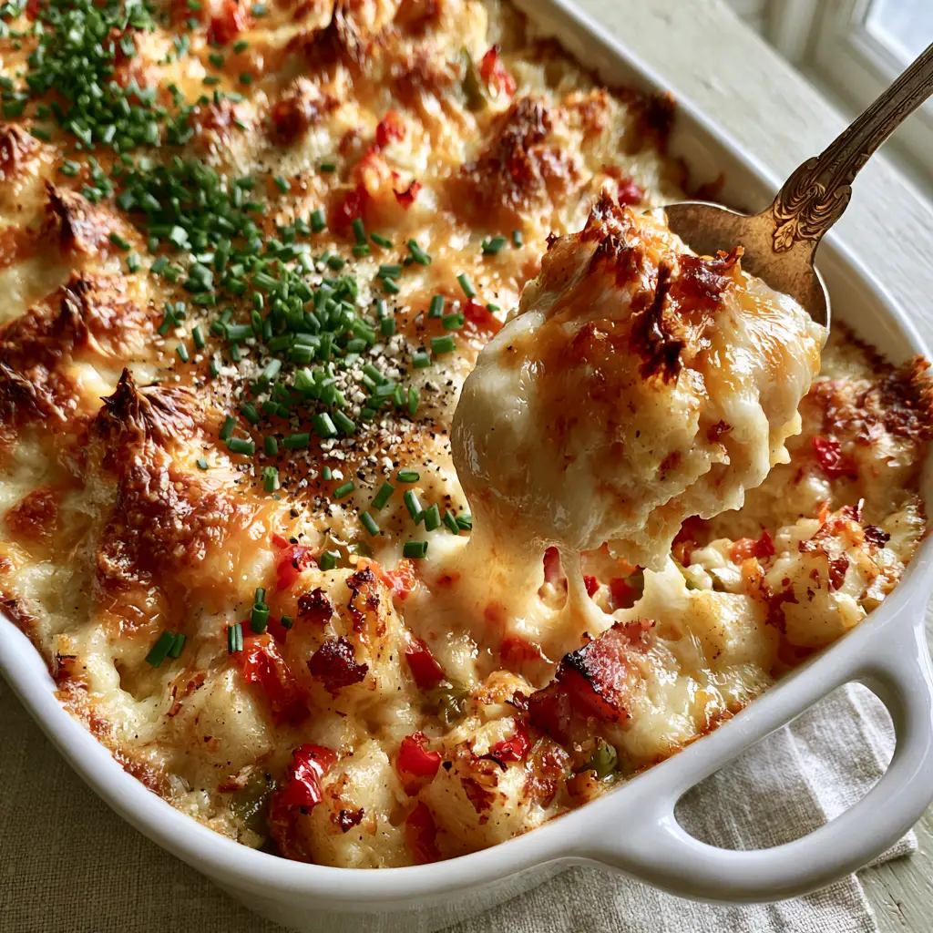 Potatoes O'Brien Breakfast Casserole with Ham and Peppers 2 Potatoes O'Brien Breakfast Casserole in a white baking dish with bubbling cheddar and mozzarella cheese.