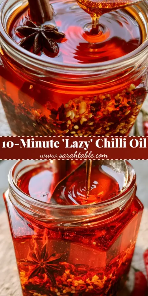 A clear glass jar of vibrant crimson Chilli oil with visible toasted flakes, garlic, and a cinnamon stick on a rustic wooden background.
