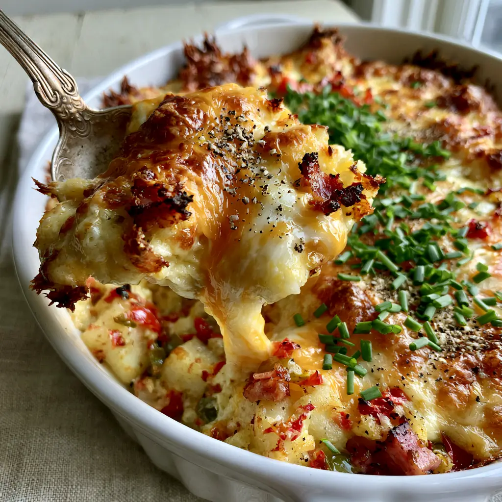 Potatoes O'Brien Breakfast Casserole with Ham and Peppers 1 A steaming scoop of Potatoes O'Brien Breakfast Casserole revealing the creamy interior and seared ham.