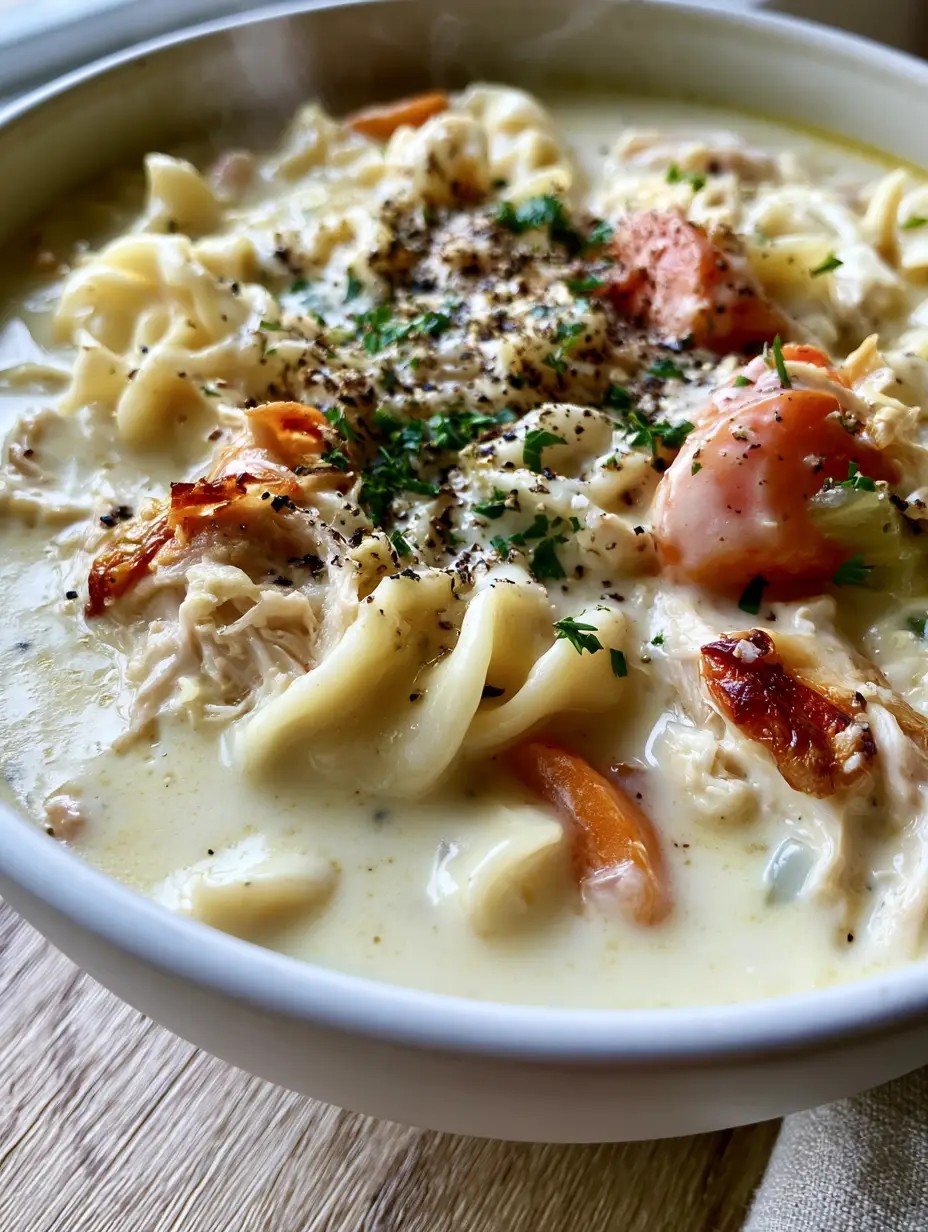 Paula Deen Chicken Noodle Soup: The Ultimate Creamy Southern Comfort 4 Close up of thick golden-yellow cream broth with hand-shredded rotisserie chicken and wavy egg noodles. (Paula Deen Chicken Noodle Soup)