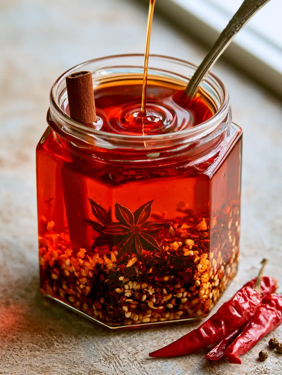 Top-down view of a hexagonal jar filled with translucent crimson Chilli oil and toasted aromatics.
