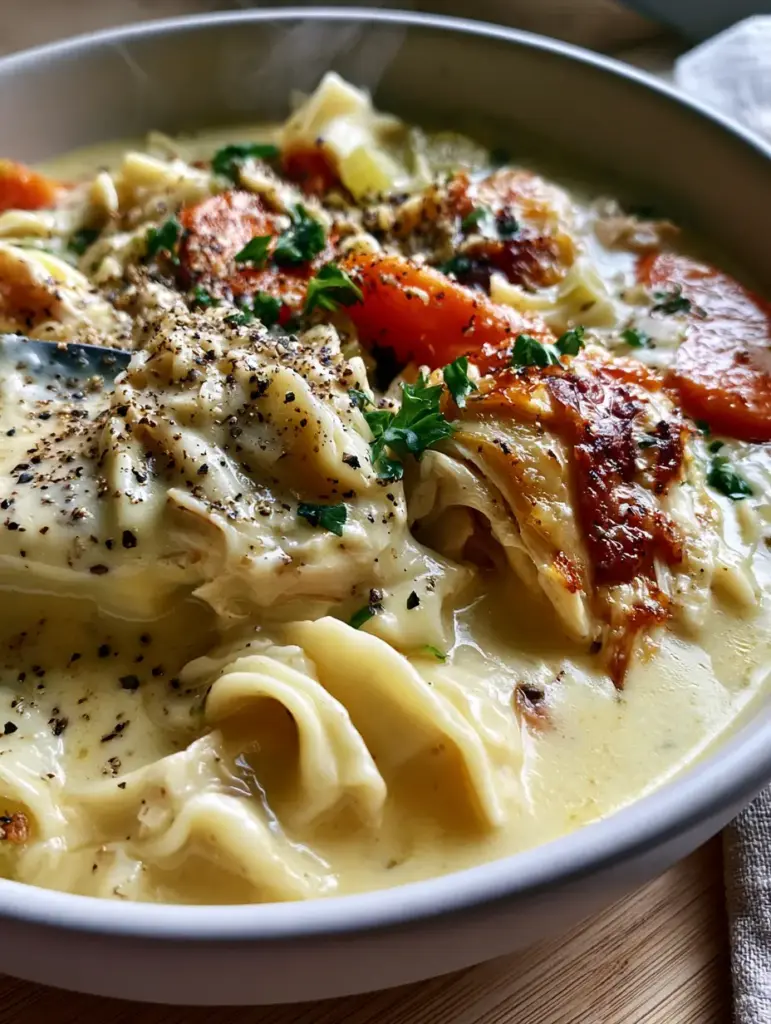 Paula Deen Chicken Noodle Soup: The Ultimate Creamy Southern Comfort 1 Macro view of wide wavy egg noodles and sliced carrots in a creamy chicken soup base.