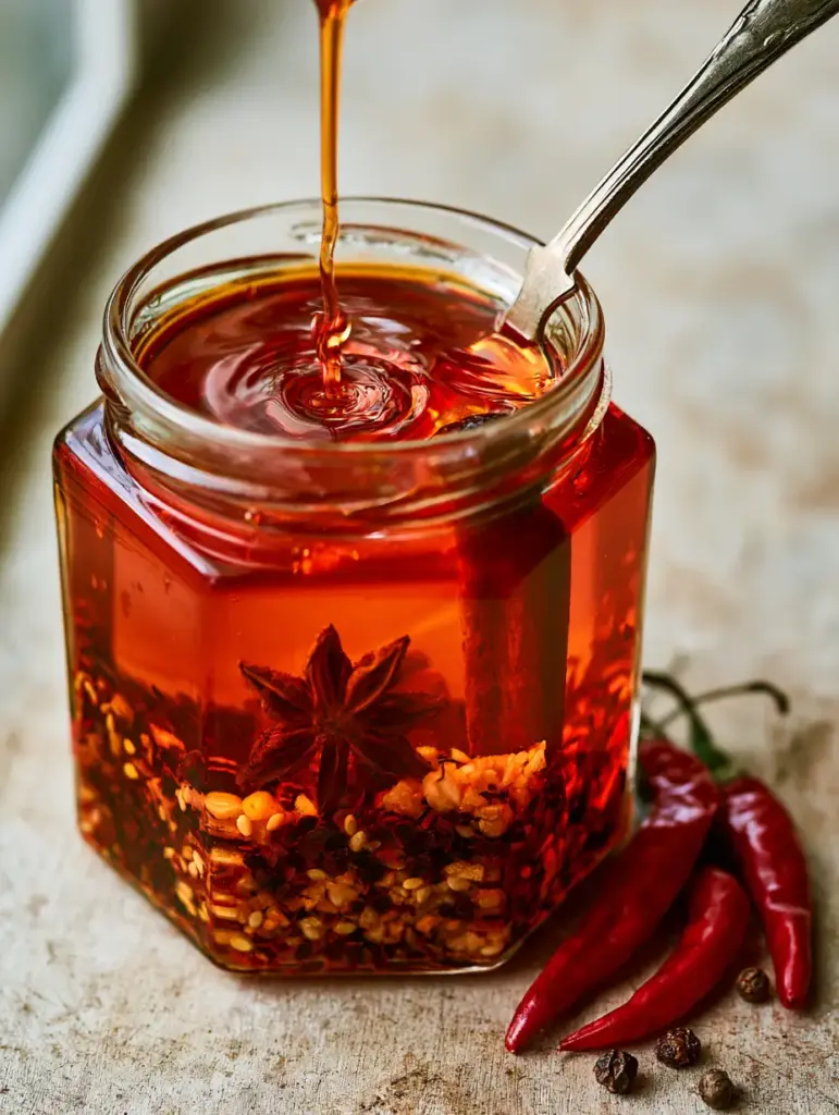 Close up of a silver spoon lifting glossy Chilli oil from a jar, showing small surface ripples.