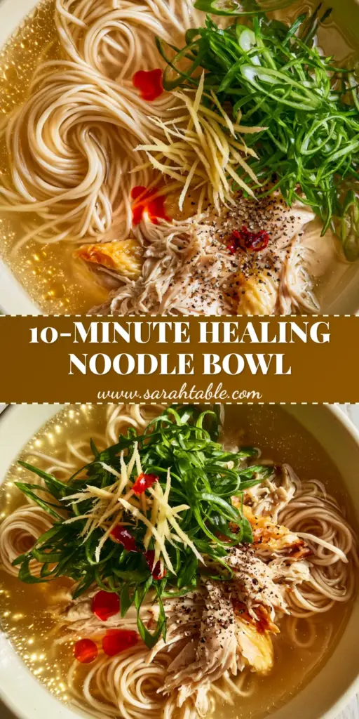 chicken broth noodles bowl: The Ultimate Healing 20-Minute Meal 4 An overhead shot of a chicken broth noodles bowl in a cream ceramic bowl with golden ginger broth, shredded chicken, and chili oil droplets.