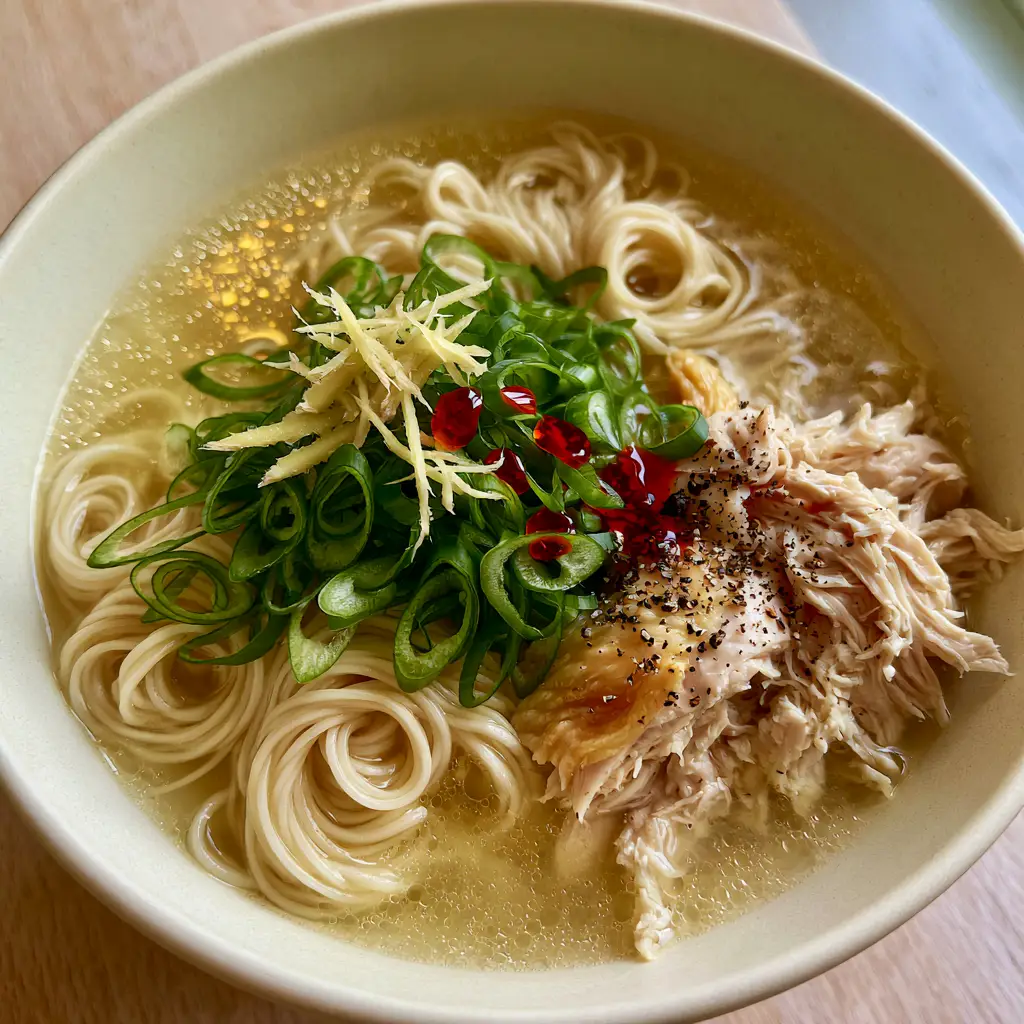 chicken broth noodles bowl: The Ultimate Healing 20-Minute Meal 2 Extreme close-up of silky thin wheat noodles twirled in a clear golden ginger bone broth. (chicken broth noodles bowl)