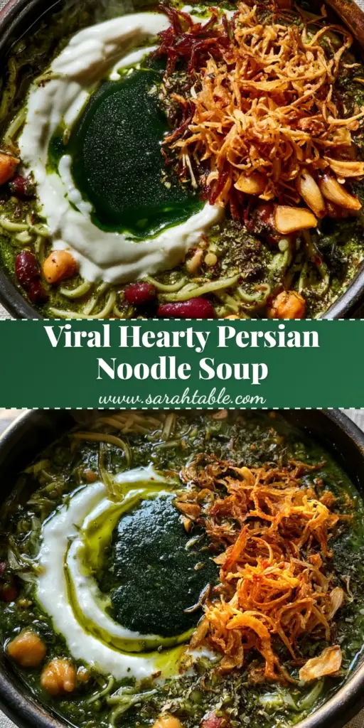 A rustic black bowl of Persian Noodle Soup (Ash Reshteh) featuring thick green herb broth, kashk swirls, and crispy fried onions.