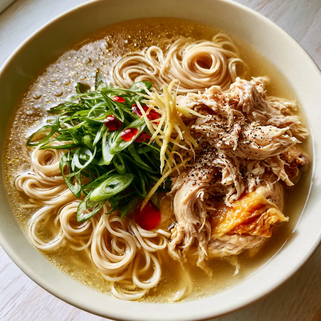 chicken broth noodles bowl: The Ultimate Healing 20-Minute Meal 1 Hand-shredded rotisserie chicken and julienned ginger matchsticks topping a chicken broth noodles bowl.
