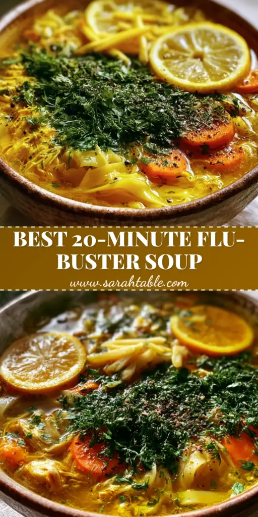 Healing Chicken Noodle Soup with Turmeric and Ginger 3 A rustic stoneware bowl of healing chicken noodle soup with vibrant golden broth, ginger matchsticks, lemon wheels, and fresh dill sprigs.