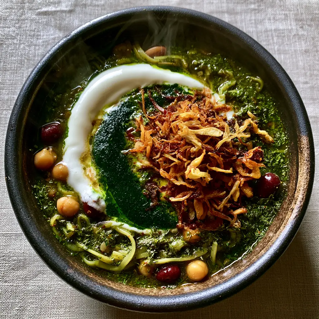 Detailed shot of crispy fried onions and toasted garlic slivers on top of a thick green herb broth. (Persian Noodle Soup)