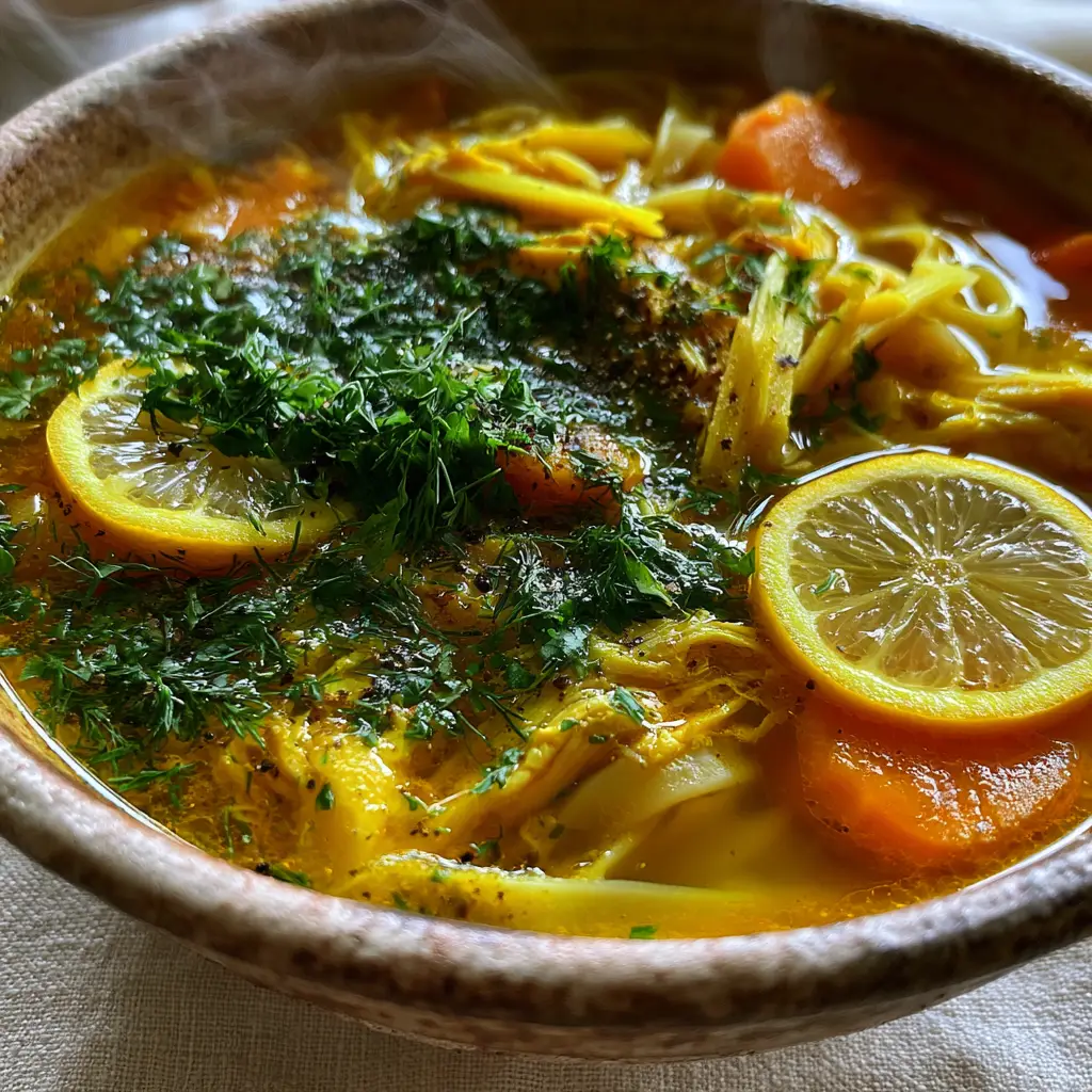 Healing Chicken Noodle Soup with Turmeric and Ginger 1 Overhead view of healing chicken noodle soup garnished with fresh dill, parsley, and lemon wheels on a linen surface.