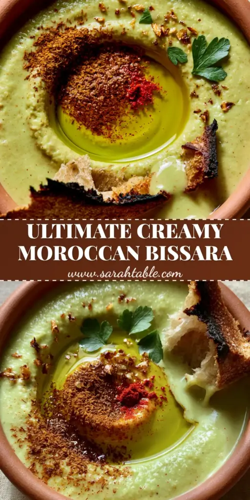 Moroccan Split Pea Soup (Authentic Creamy Bissara Recipe) 4 A close-up shot of Moroccan split pea soup in a terracotta bowl topped with olive oil, cumin, and garlic chips with charred sourdough bread.