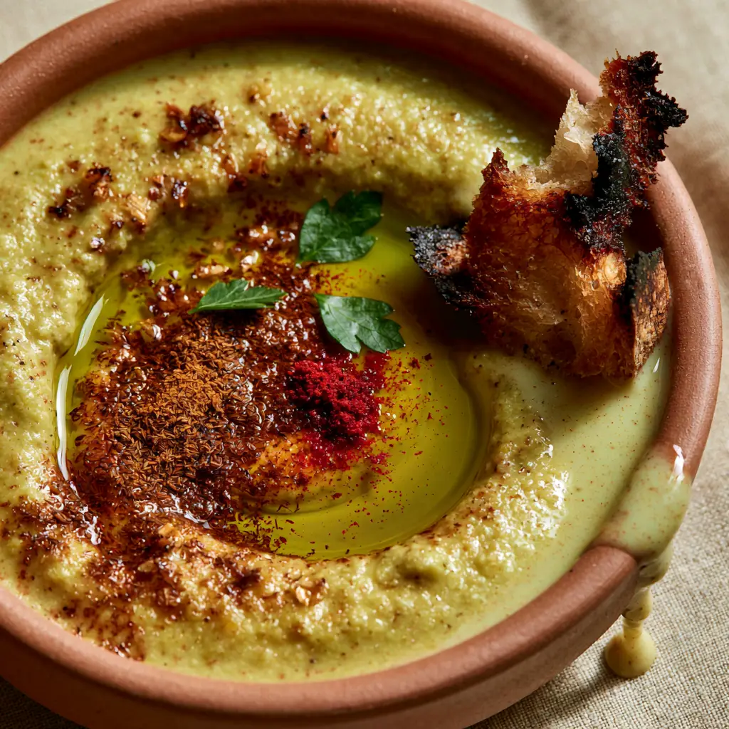 Moroccan Split Pea Soup (Authentic Creamy Bissara Recipe) 2 Top-down view of Moroccan split pea soup with a golden olive oil well and toasted spices.
