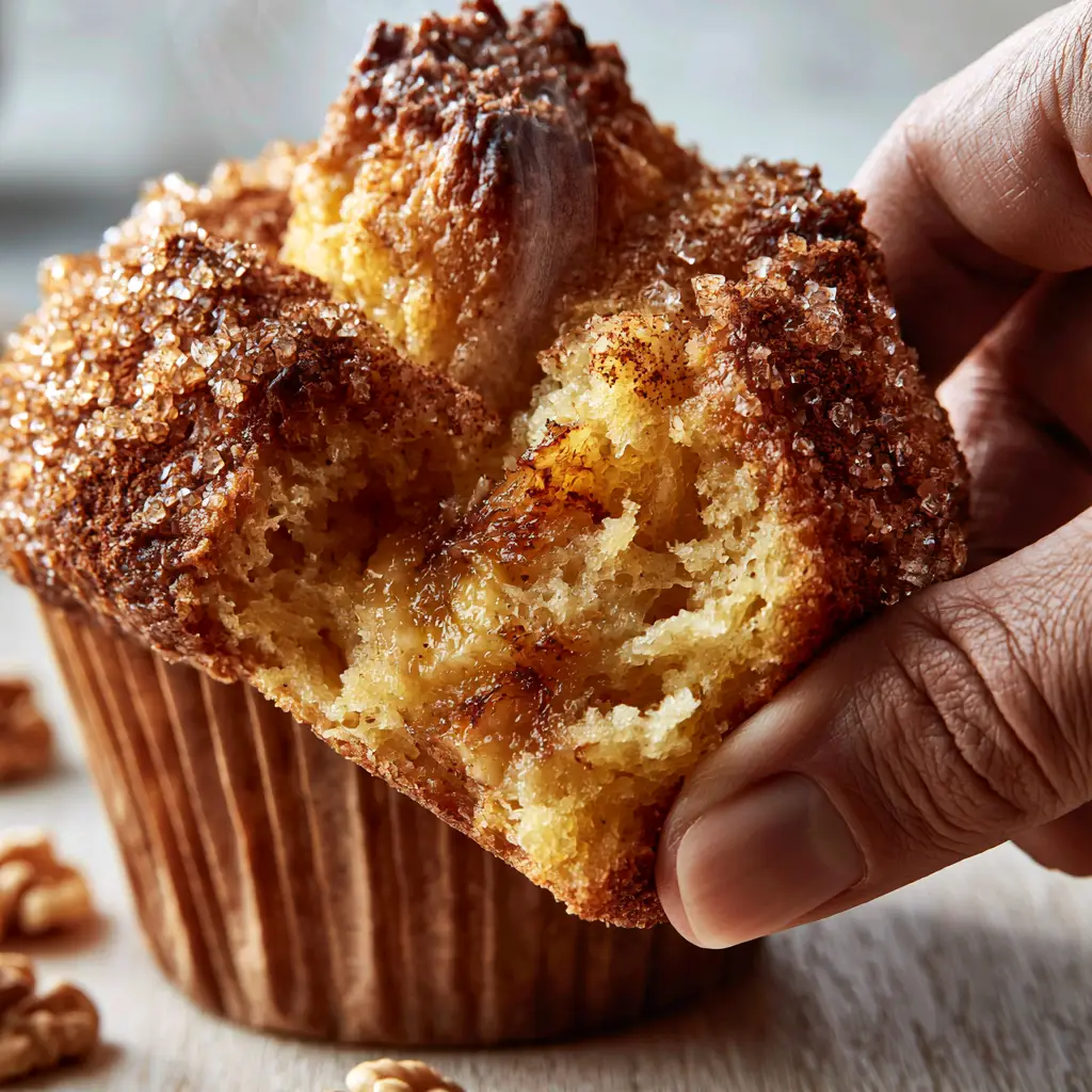 Banana Muffins: The Secret to High-Domed Bakery-Style Perfection 2 Extreme macro close-up of a banana muffin being pulled apart by hand, revealing a steaming, moist aerated crumb. (banana muffins)