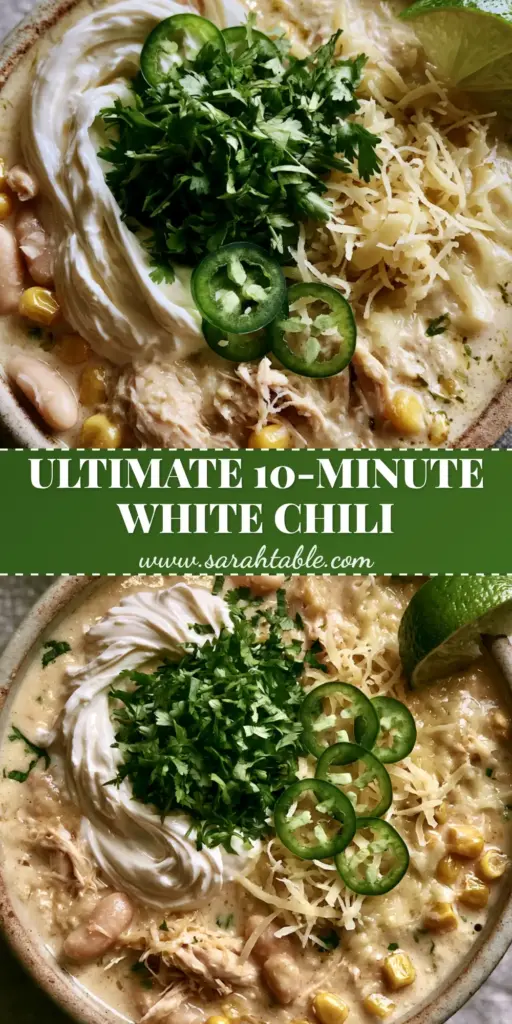 An overhead view of a rustic ceramic bowl filled with creamy White Chicken Chili garnished with a swirl of sour cream, cilantro, and jalapeños.