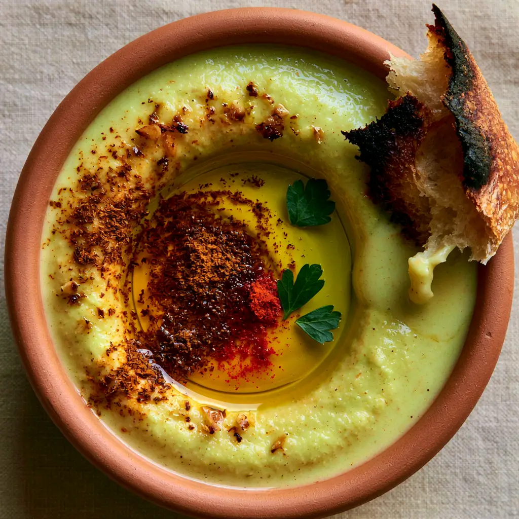 Moroccan Split Pea Soup (Authentic Creamy Bissara Recipe) 1 A piece of charred sourdough bread dipping into a bowl of creamy Moroccan split pea soup.