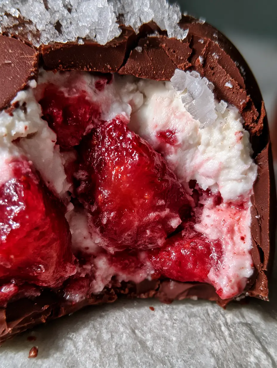 Extreme macro close-up of a broken frozen strawberry chocolate cluster showing the internal creamy pink swirl.