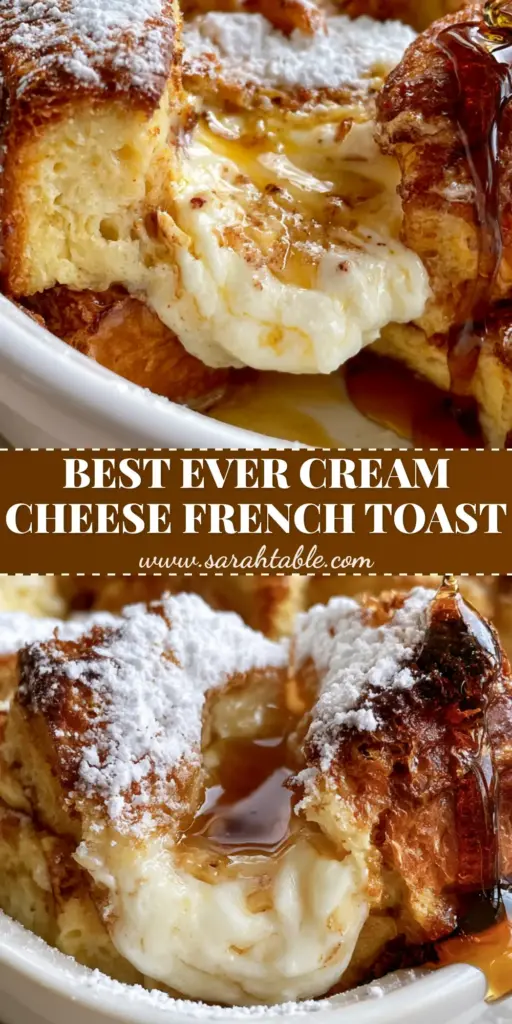 A close-up vertical shot of Cream cheese French toast casserole with powdered sugar and maple syrup, optimized for Pinterest.