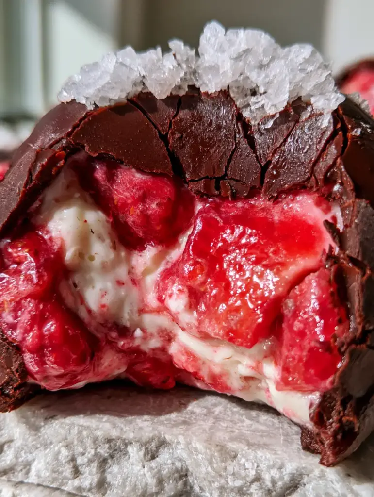 Close up of the matte cocoa finish and hairline cracks on a frozen strawberry chocolate cluster.