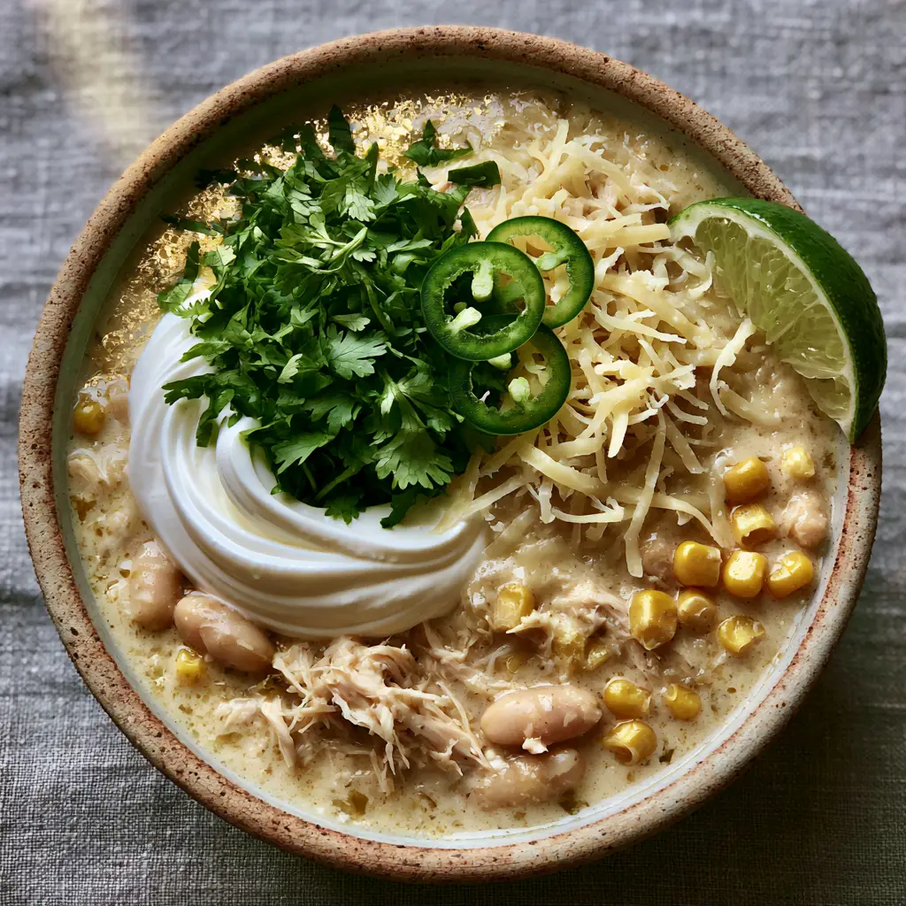 White Chicken Chili served with Monterey Jack cheese and fresh lime wedges on a grey linen napkin.