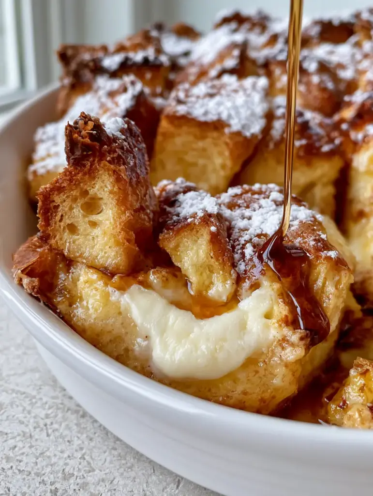 A sliced piece of Cream cheese French toast casserole in a white dish, showing the gooey custard center and toasted top.