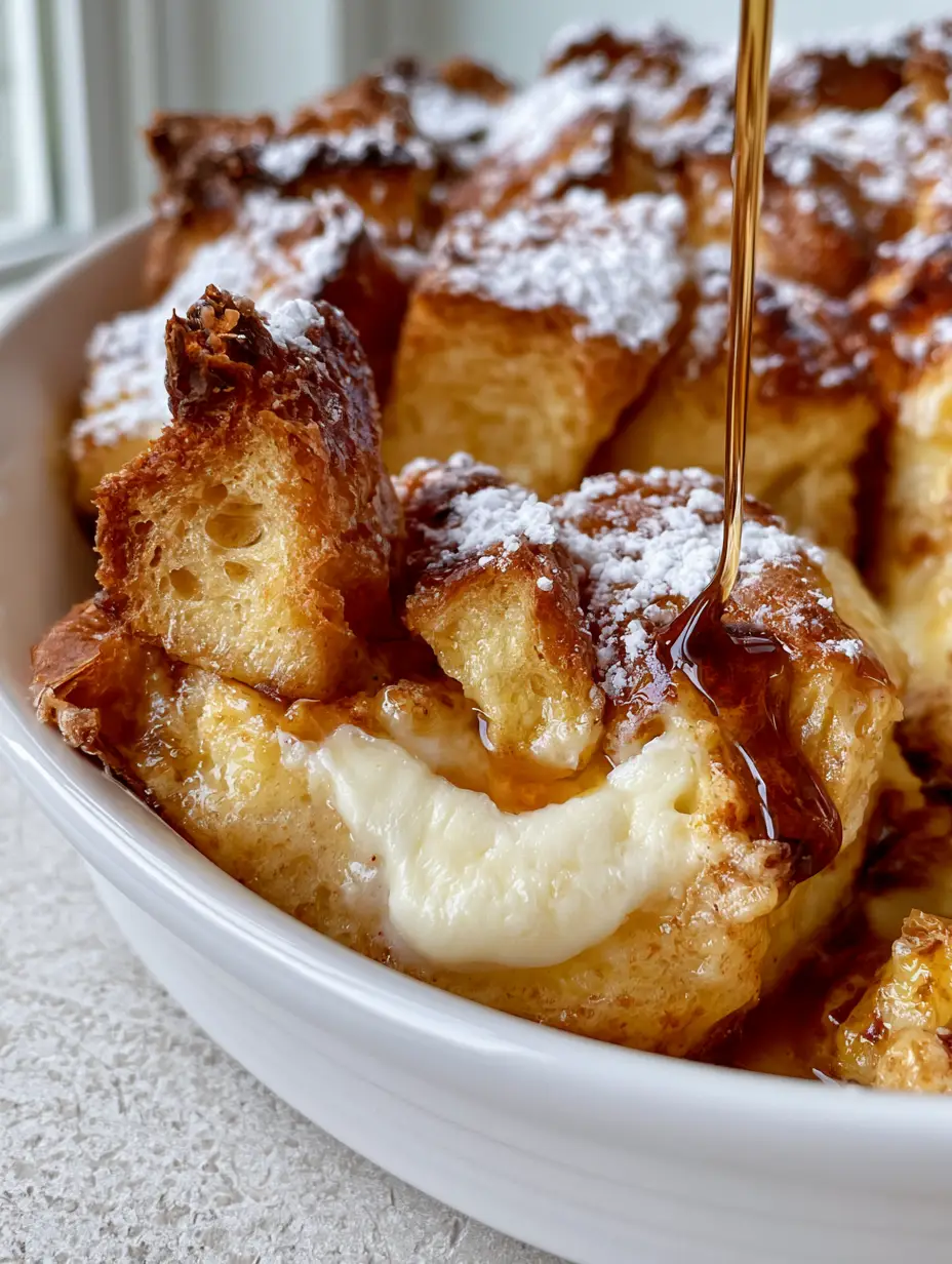 A sliced piece of Cream cheese French toast casserole in a white dish, showing the gooey custard center and toasted top.