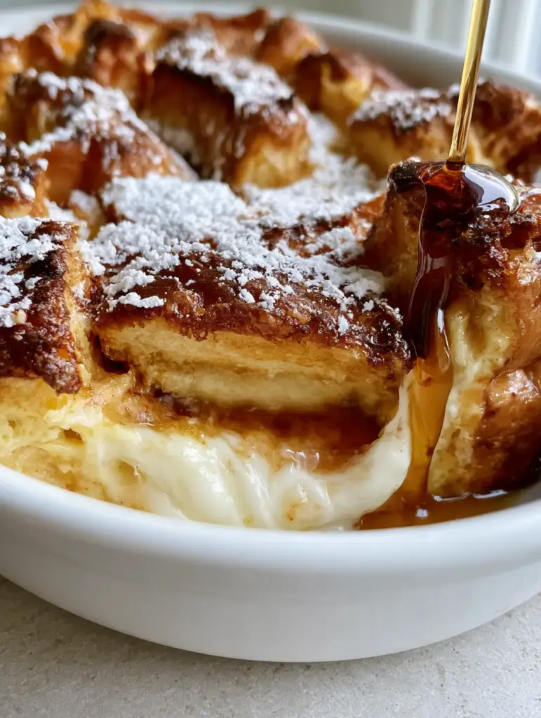 A close-up of a stream of maple syrup cascading over toasted brioche cubes in a Cream cheese French toast casserole.