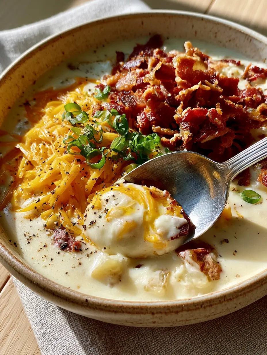 Loaded Potato Soup: The Creamiest, Most Velvety Comfort Food 4 Top-down view of velvety loaded potato soup showing extreme viscosity and heavy cream swirls in a ceramic bowl.
