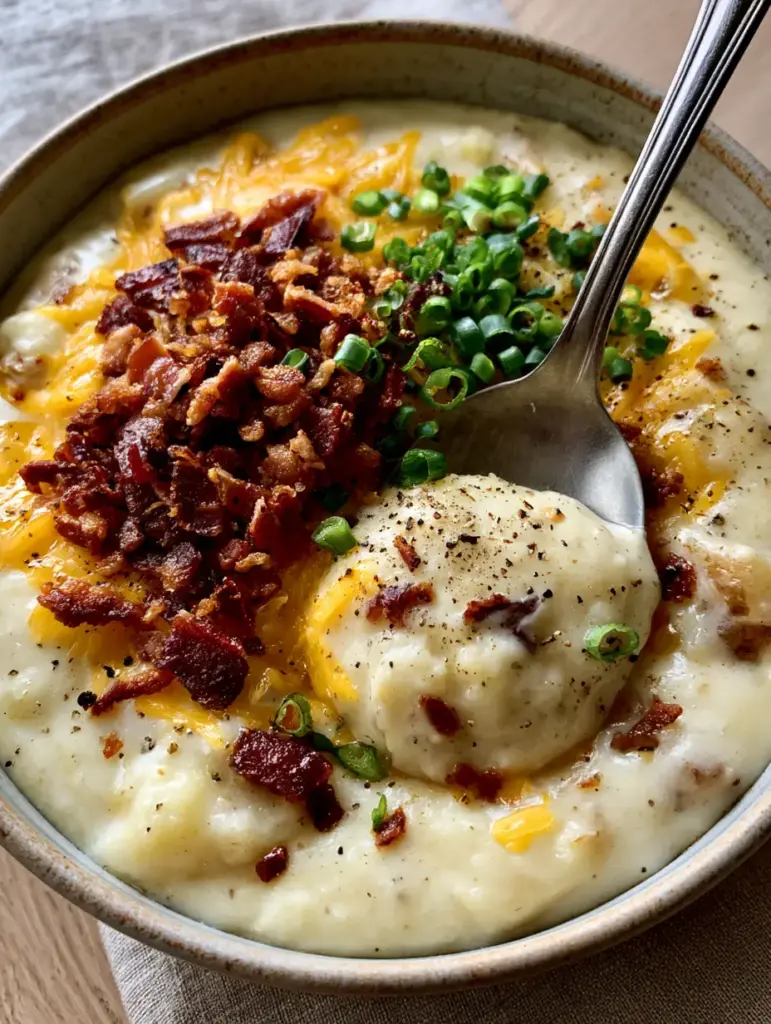 Loaded Potato Soup: The Creamiest, Most Velvety Comfort Food 1 A spoon lifting a thick glob of loaded potato soup to demonstrate the velvety texture and sharp cheddar topping.