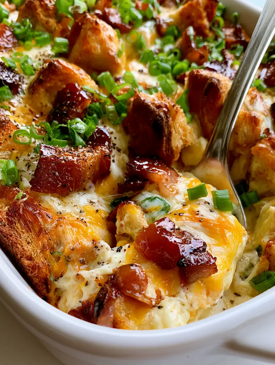 Top-down shot of a gourmet Cheese and bacon strata with bubbling cheddar and scallions.