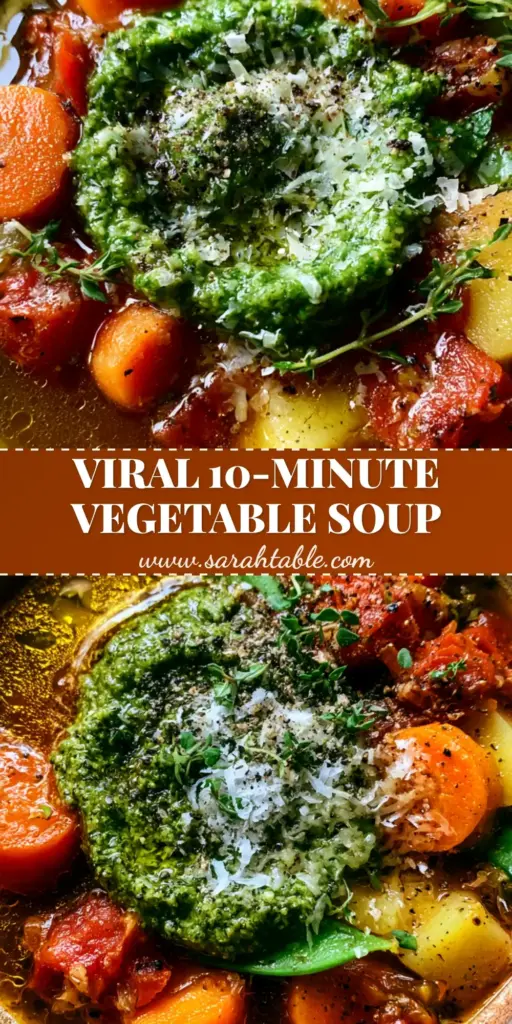 Homemade Vegetable Soup with Pesto and Parmesan 4 A rustic ceramic bowl of homemade vegetable soup featuring a rich amber broth, vibrant green snap peas, and a thick swirl of basil pesto.