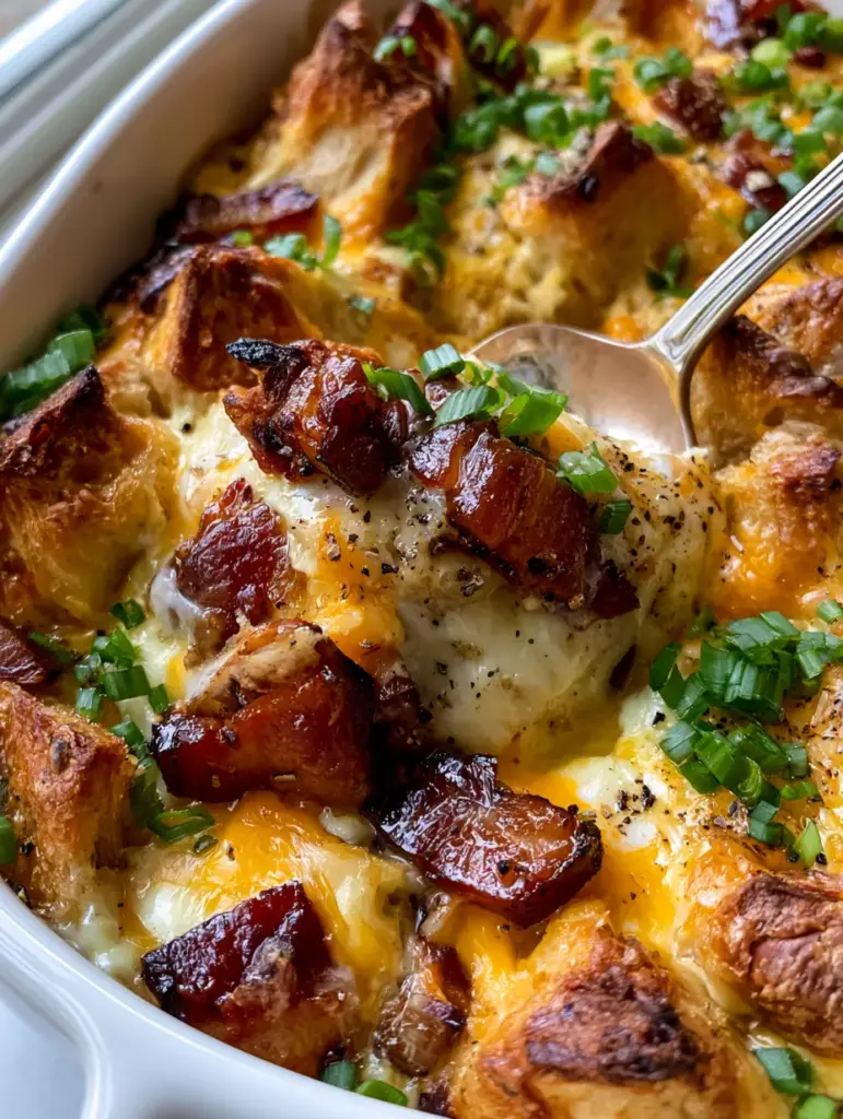 A silver spoon lifting a portion of Cheese and bacon strata to show the moist egg custard layers.