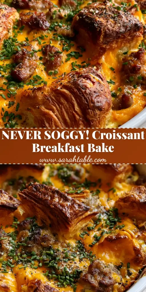 A close-up of a Croissant Breakfast Casserole featuring toasted, flaky croissant pieces, browned sausage, and melted sharp cheddar in a white dish.