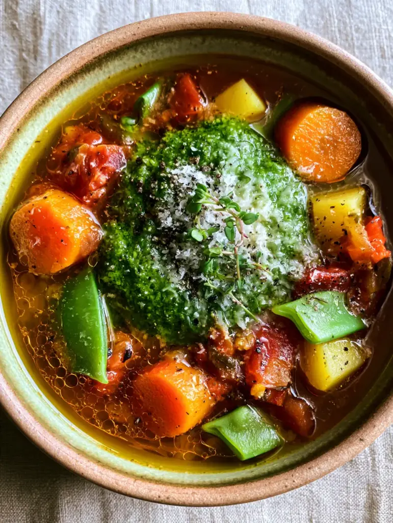 Homemade Vegetable Soup with Pesto and Parmesan 2 Top-down view of homemade vegetable soup in a ceramic bowl with visible olive oil droplets and melting parmesan cheese.