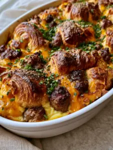 Macro shot of a Croissant Breakfast Casserole with visible flaky lamination and browned sausage crumbles.