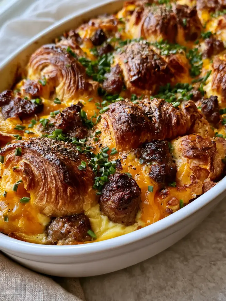 Macro shot of a Croissant Breakfast Casserole with visible flaky lamination and browned sausage crumbles.