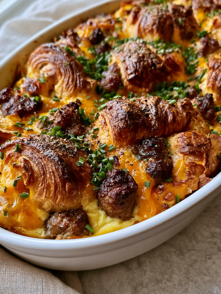Macro shot of a Croissant Breakfast Casserole with visible flaky lamination and browned sausage crumbles.